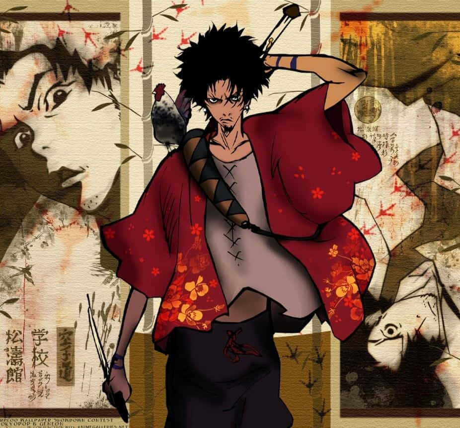 穿著紅色花卉和服的動漫戰士在日本拼貼畫中手持武器。