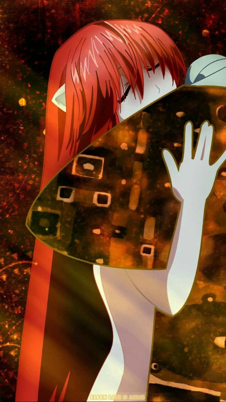 紅髮精靈耳動漫女孩在熾熱的宇宙背景下手持破碎的鏡子。