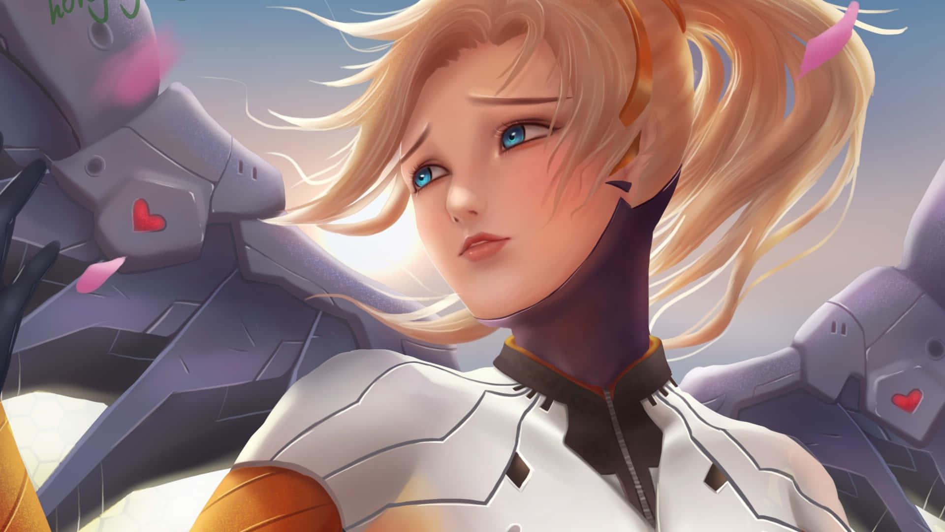 動畫《守望先鋒》 Mercy 風景背景 壁紙 — 一位金髮藍眼的動漫女孩在一個裝飾著紅色心形的機械裝置旁邊向上凝視，粉紅色的花瓣在她周圍飄舞。