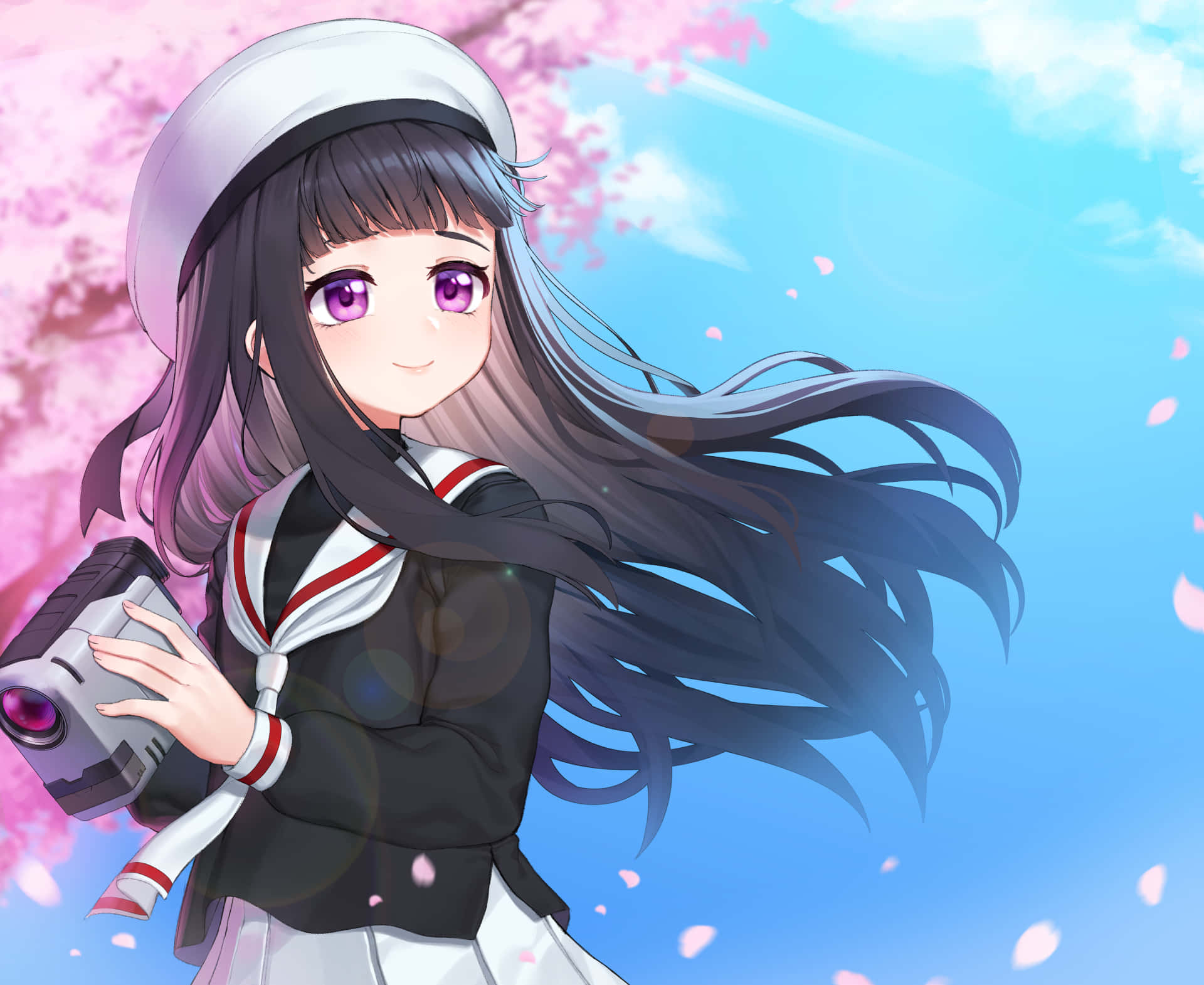 動畫《庫洛魔法使》主角櫻花在東京天際線中的場景 壁紙 — 一個穿著水手服的開朗動畫女孩在櫻花飄落的天空下拿著相機。