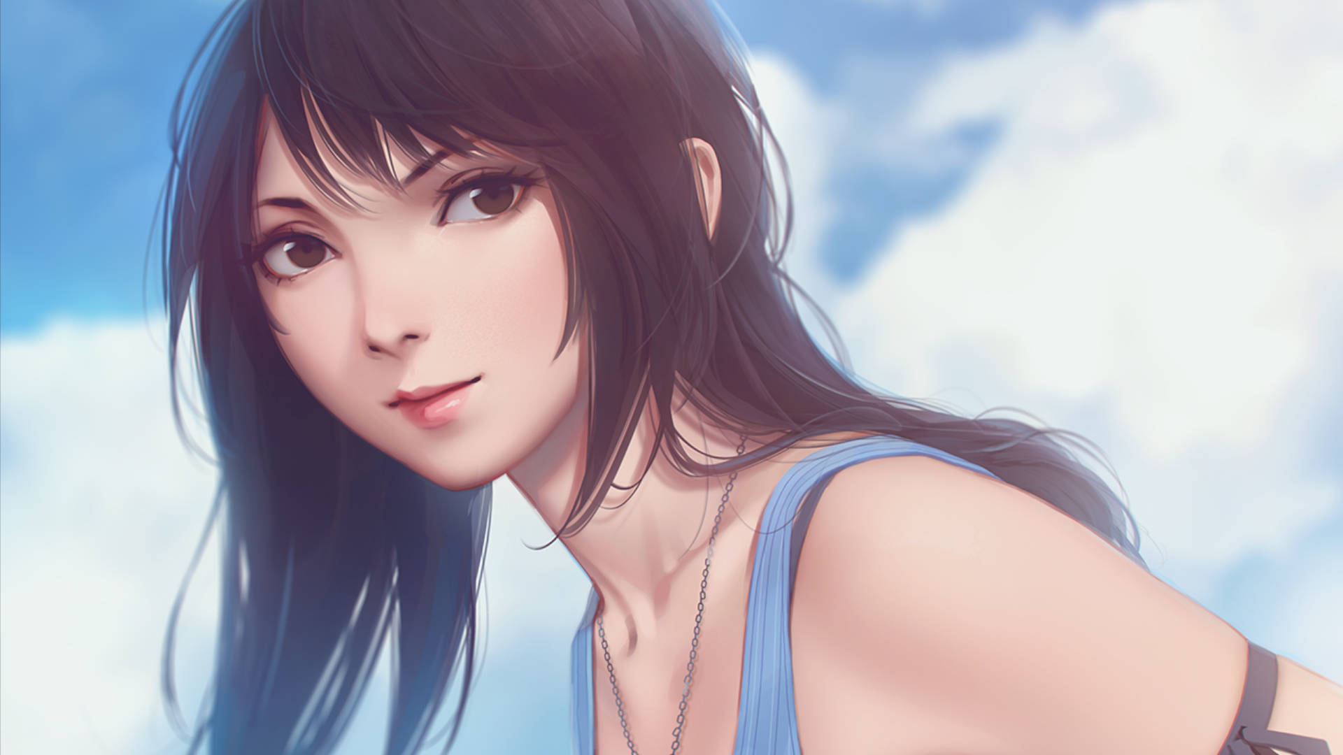 動畫《最終幻想8》Rinoa 壁紙 — 一位寧靜的動漫女孩，長長的黑髮和藍色上衣，在明亮的陰天天空下溫柔地凝視。