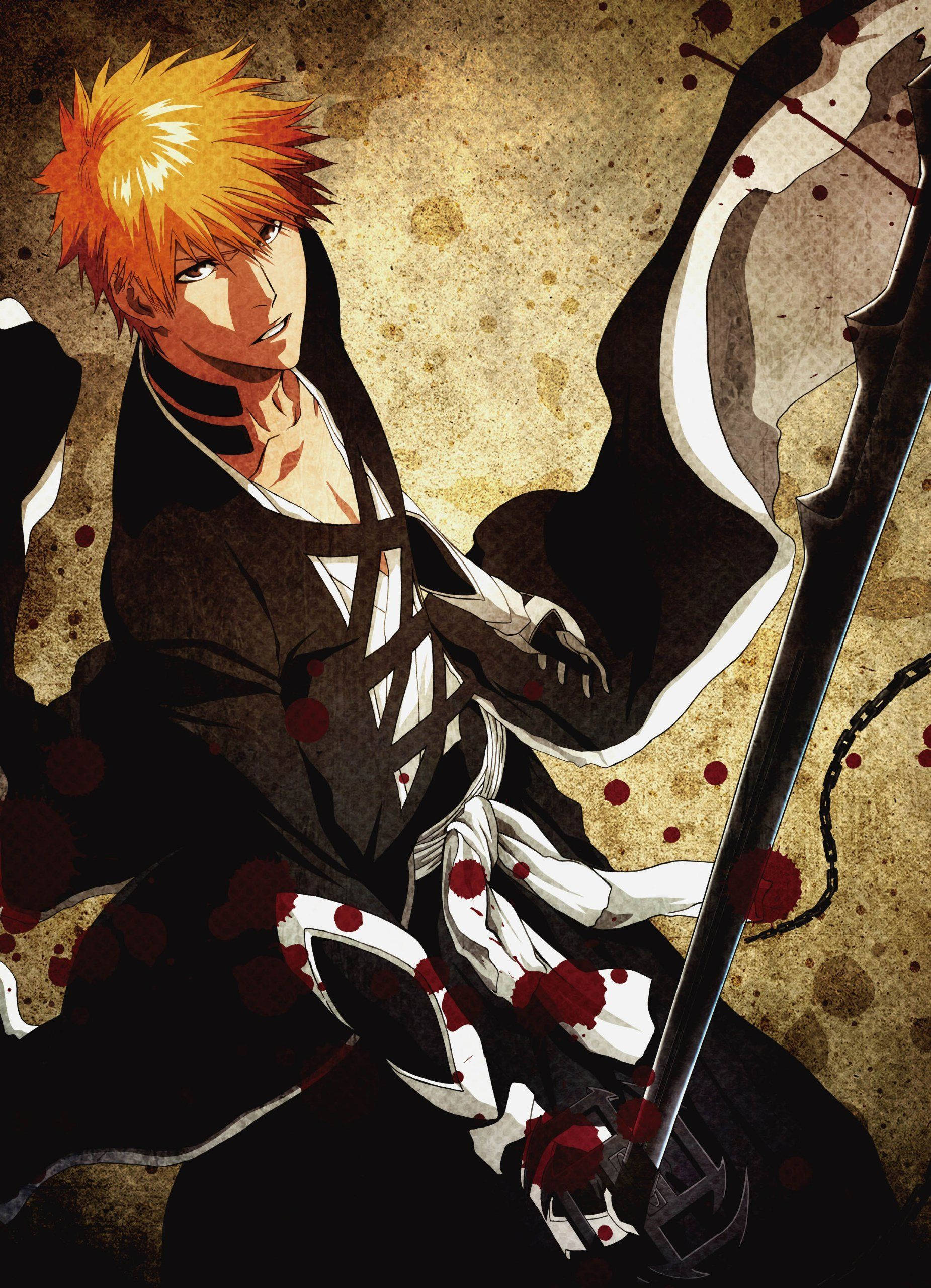 動畫《死神》主角 碇真一 壁紙 — 一個橙色尖刺頭髮、身穿黑白服裝的動漫戰士，在紋理米色背景上握著一把沾血的劍。