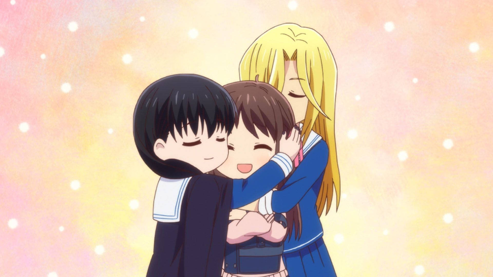 動畫《水果籃子》擁抱時刻 壁紙 — 三個穿著校服嘅動漫女仔喺柔和發光背景同漂浮閃光中溫暖擁抱。