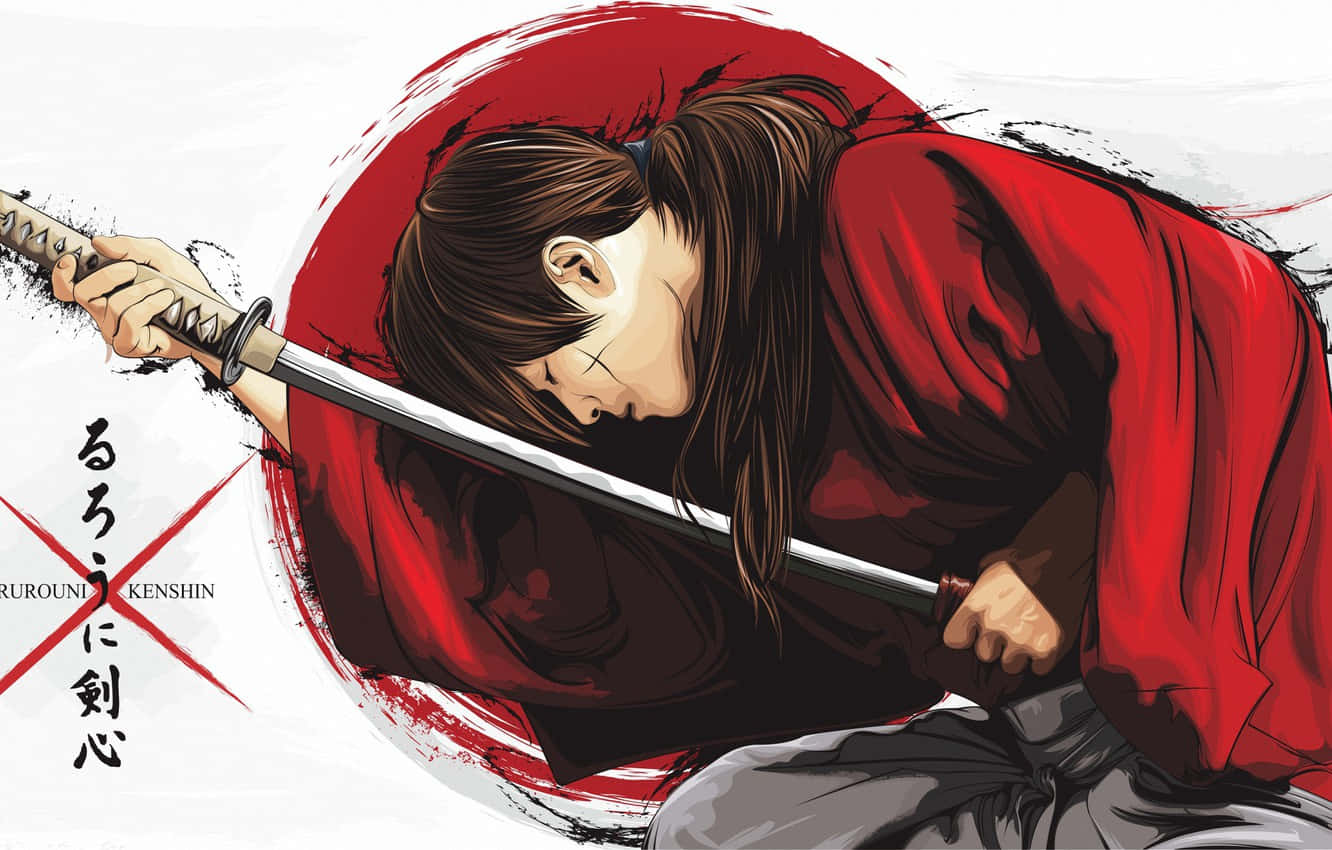 動漫武士戰士身穿紅色長袍，手持劍，背景為紅色圓圈。