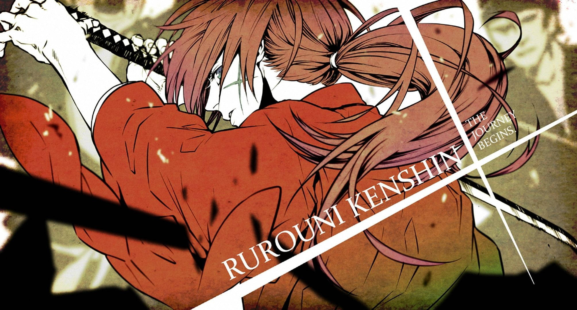 動畫《浪客劍心》劍心持劍插畫 壁紙 — 一個動態的動漫角色，紅髮紅和服，用劍劃破空氣，文字顯示「浪客劍心 旅程開始」。