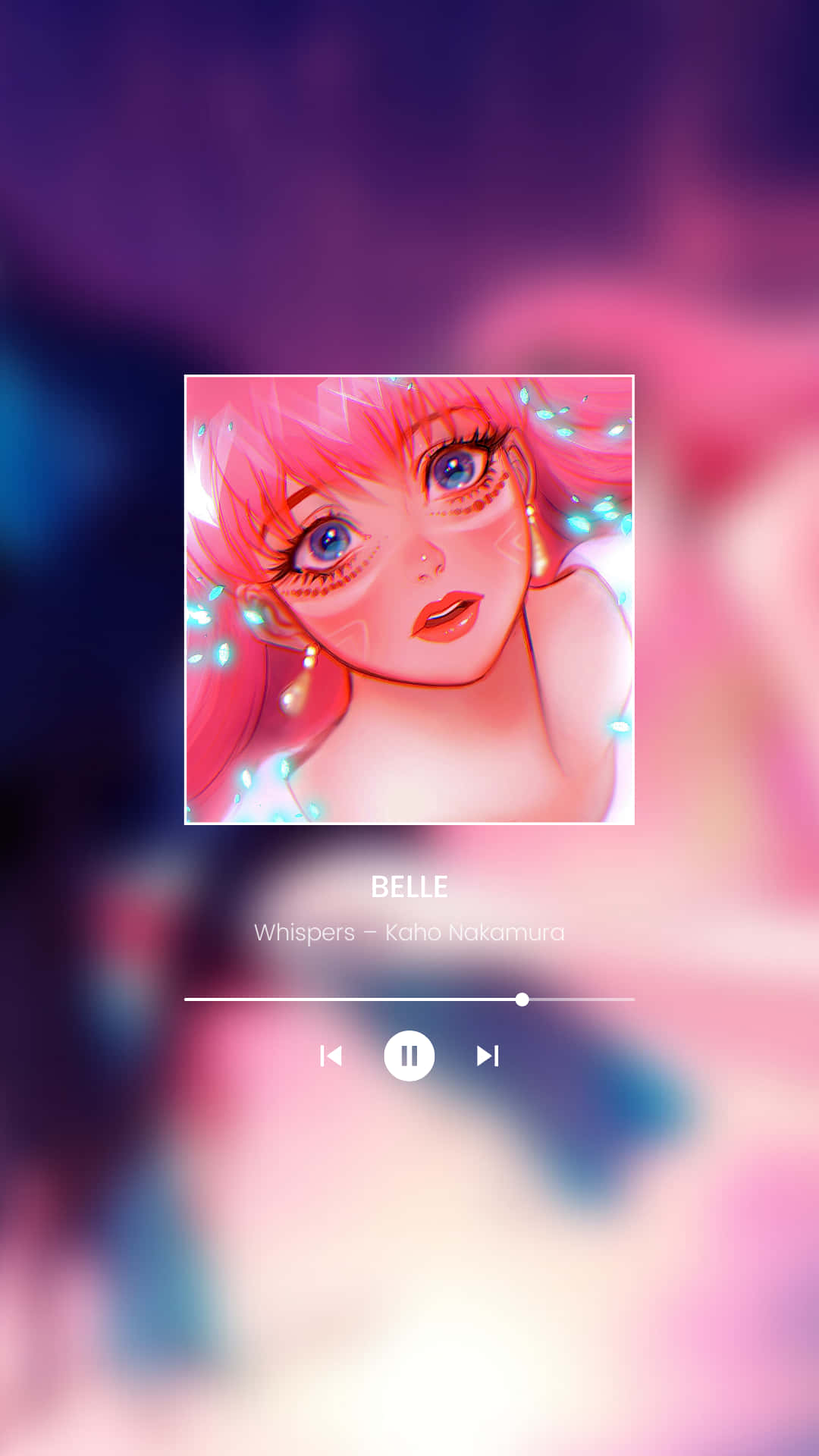 動漫女孩肖像，粉紅色頭髮和發光的眼睛，在音樂播放器屏幕上。