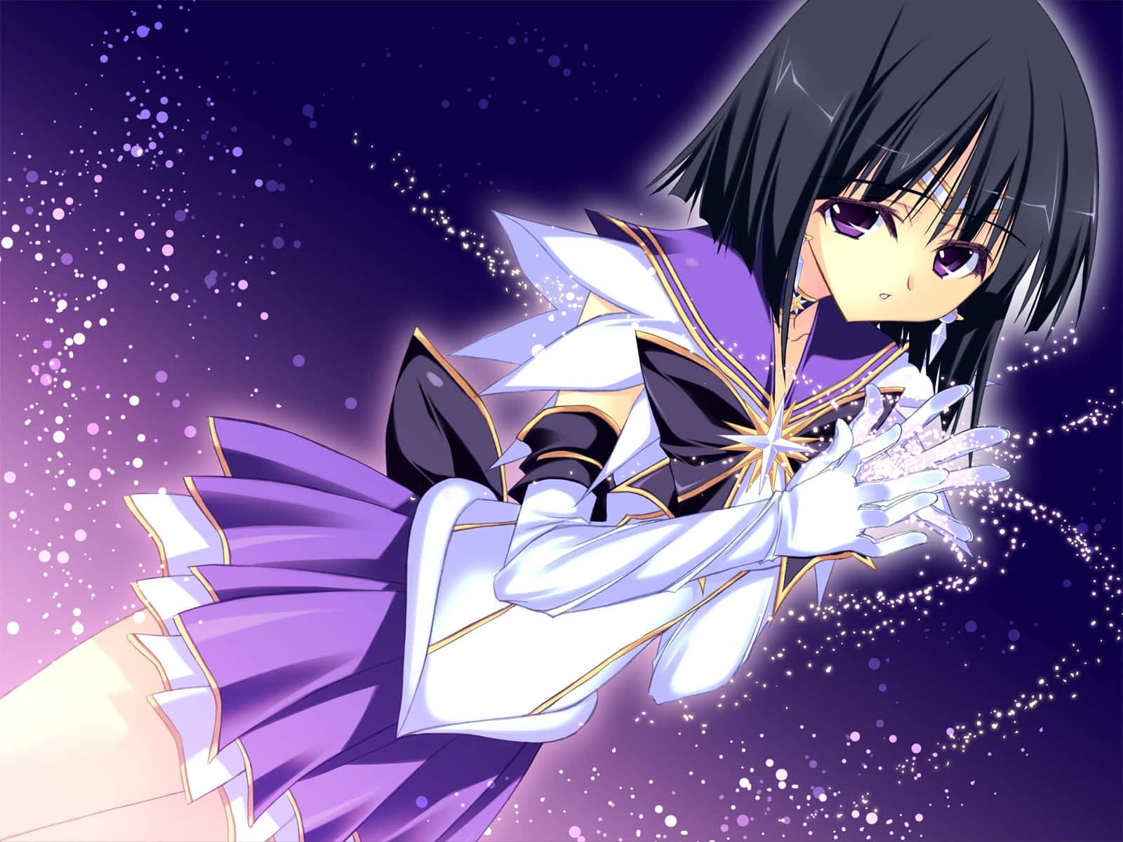 穿著紫色和白色服裝的動漫女孩在星空空間中施展發光魔法。