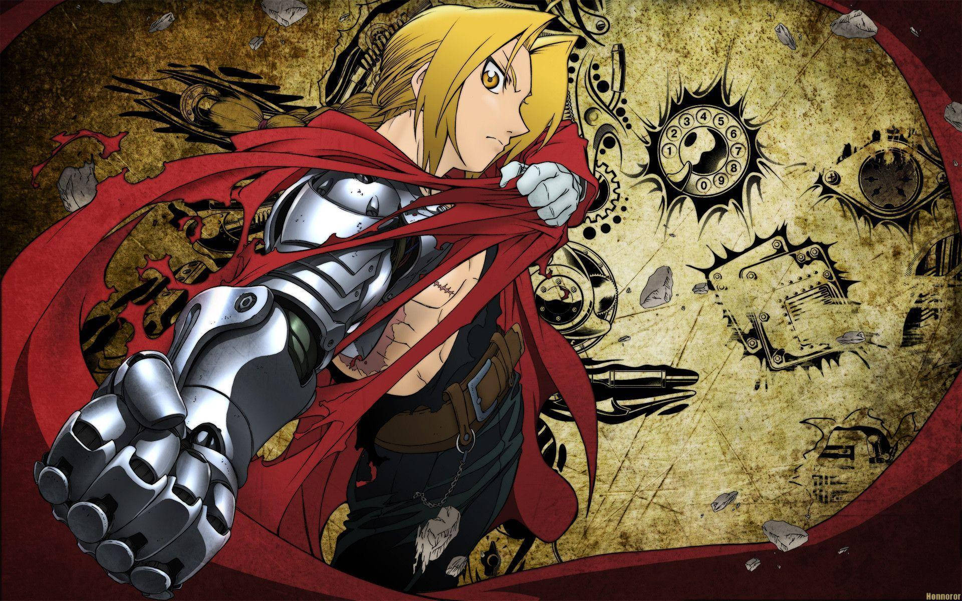 動畫《鋼之鍊金術師》Edward Elric 壁紙 — 一個堅定的動漫戰士，金髮和機械手臂，在破碎的齒輪和鐘錶碎片背景下抓緊他的紅色斗篷。