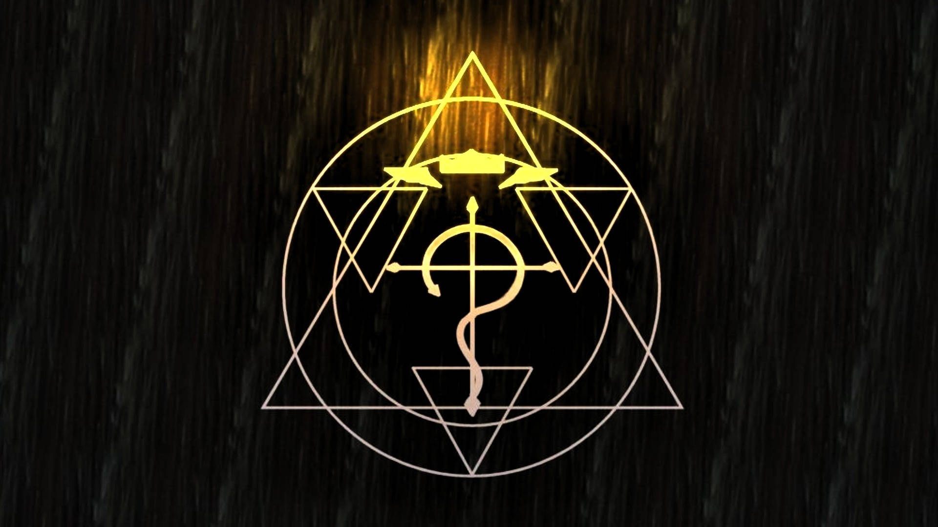 動畫《鋼之鍊金術師》轉化符文 壁紙 — 一個發光的金色神秘符號，帶有三角形和權杖，在深色紋理背景上散發光芒。