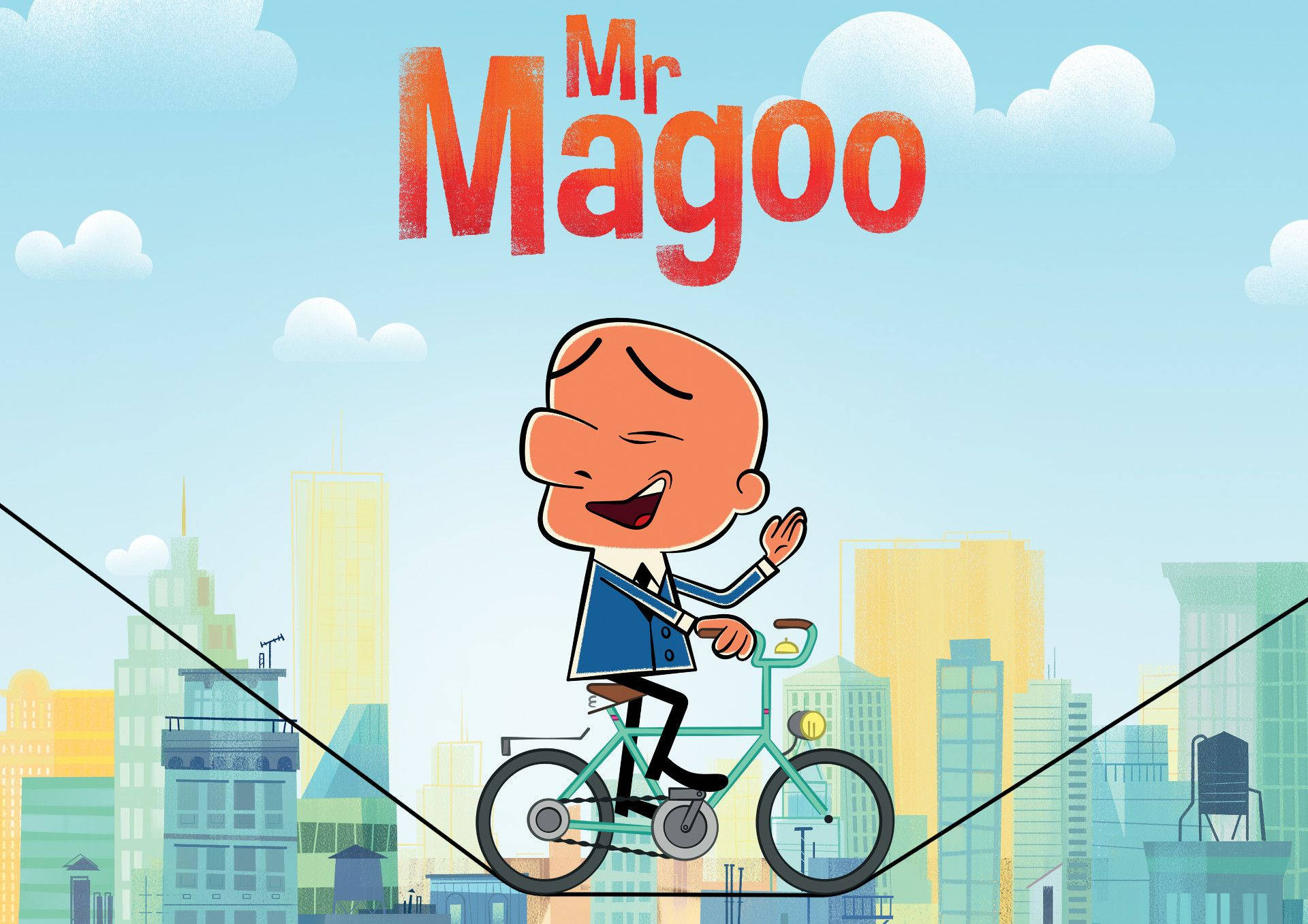 動畫《馬格oo》系列海報 壁紙 — Mr Magoo 喺明亮藍天下，喺色彩繽紛嘅卡通城市景觀上面嘅鋼線上愉快地踩單車。