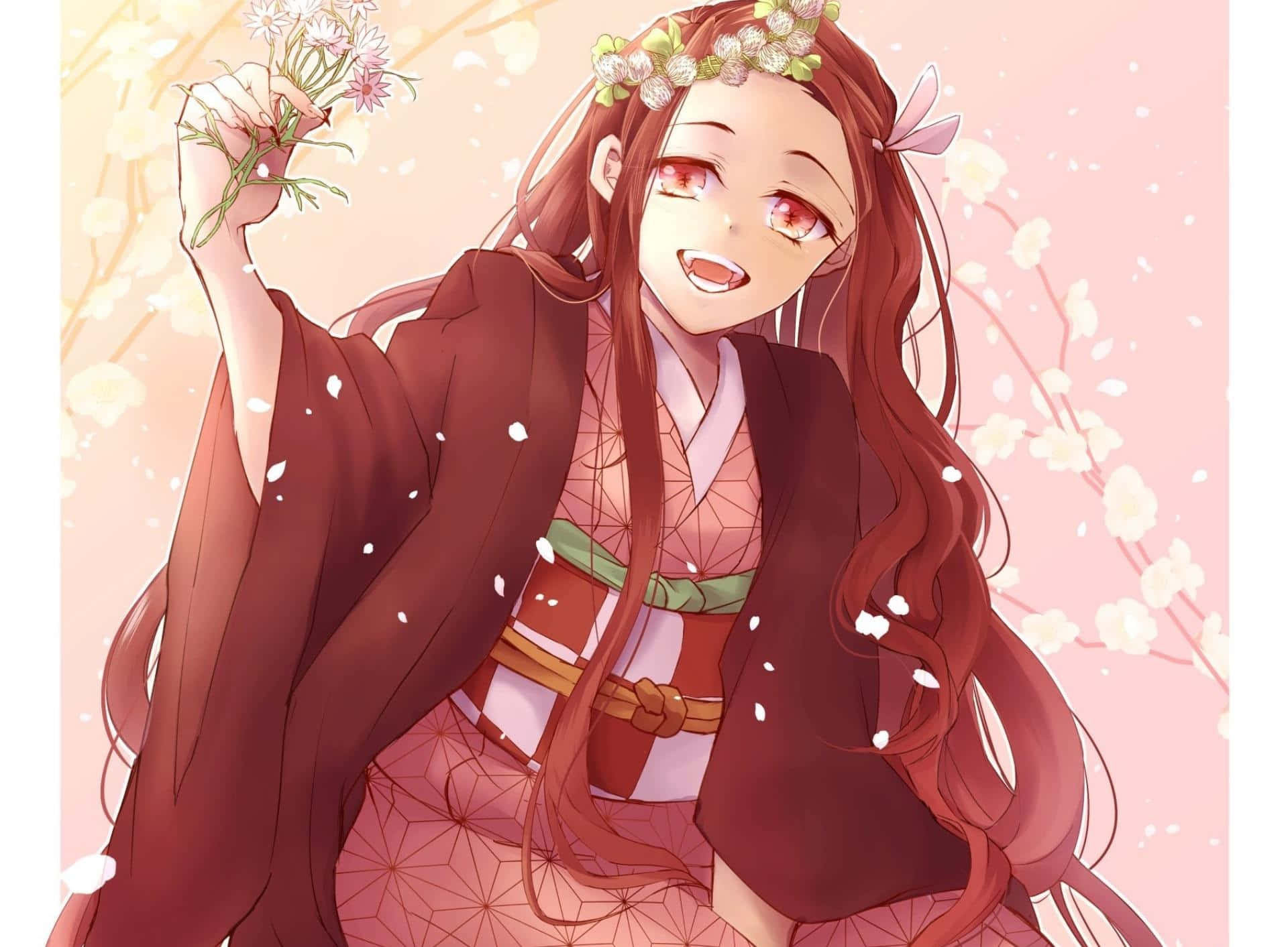 穿著和服的動漫女孩手持櫻花，粉紅色背景