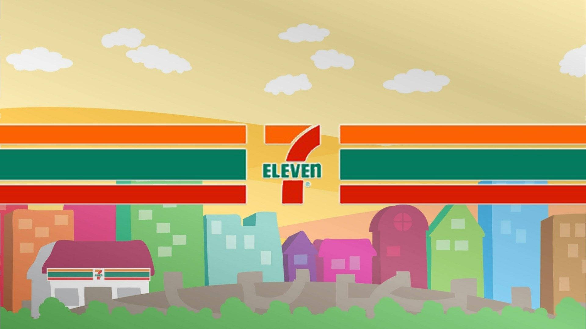 動畫7-Eleven 壁紙 — 一個風格化的卡通城市景觀，包含7 Eleven商店和色彩繽紛的建築物，背景是溫暖的日落天空。