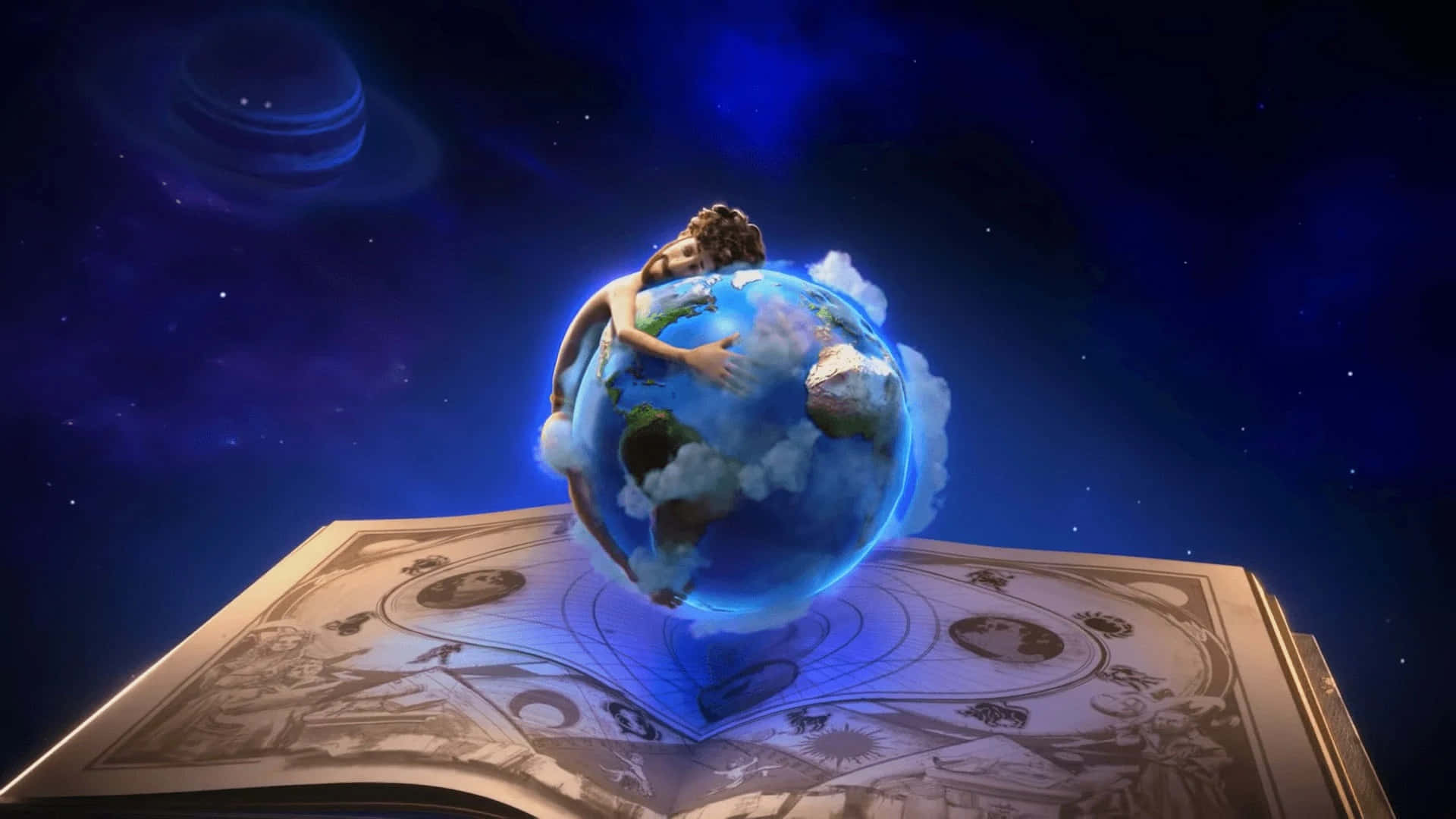 一個人擁抱著一個發光的地球，漂浮在太空中一本打開的宇宙書之上。