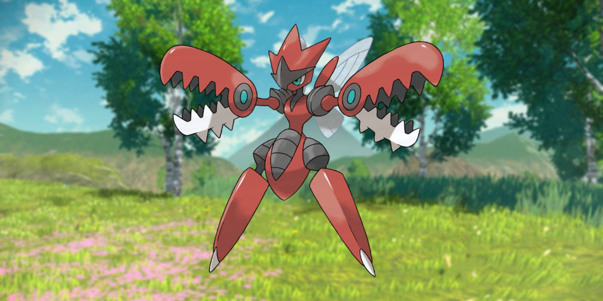 動畫Mega Scizor 出現在寶可夢傳說 阿爾宙斯 壁紙 — 一隻紅色和灰色的機械寶可夢，帶有爪狀手臂，在藍天白雲下的草地上方盤旋。