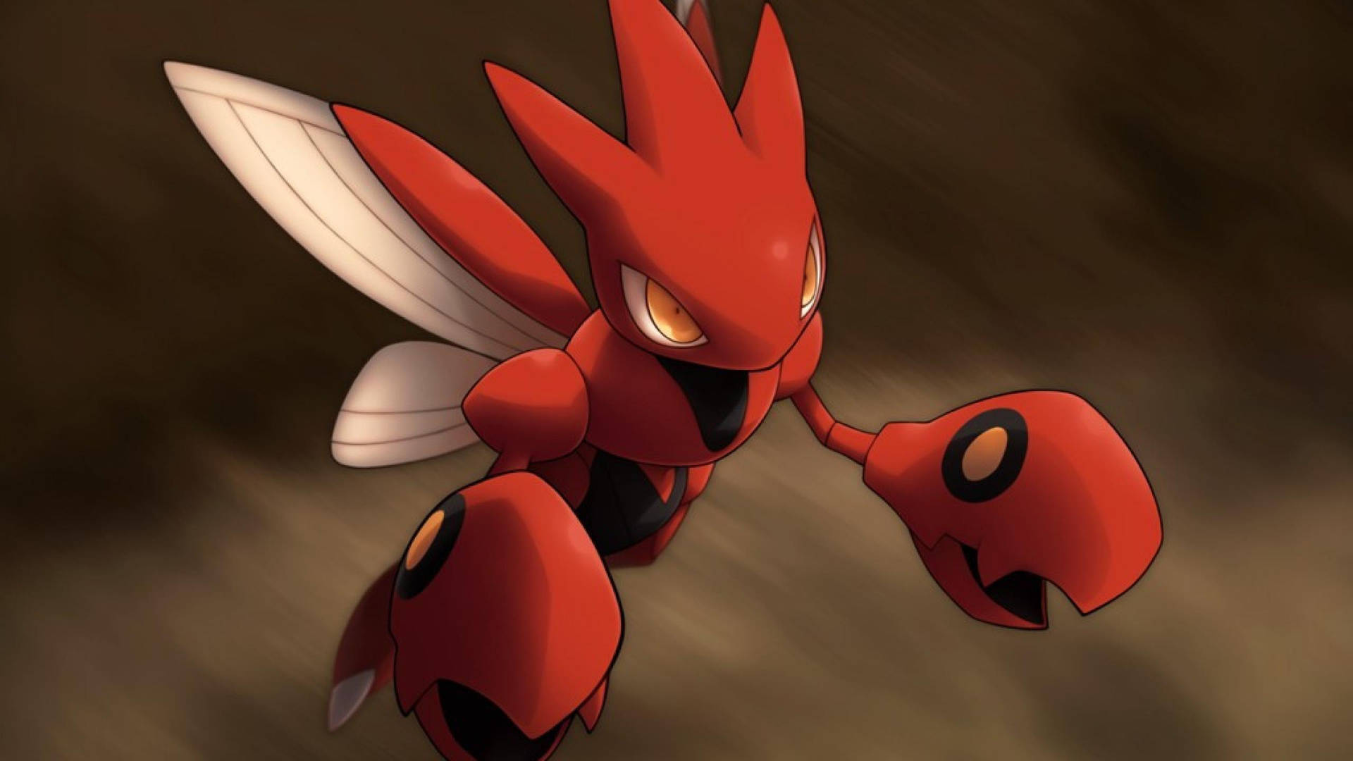 動畫中的飛行 Scizor 壁紙 — 一隻火紅色的動畫昆蟲型生物，長有白色翅膀和發光的眼睛，在模糊的棕色背景上向前衝刺。