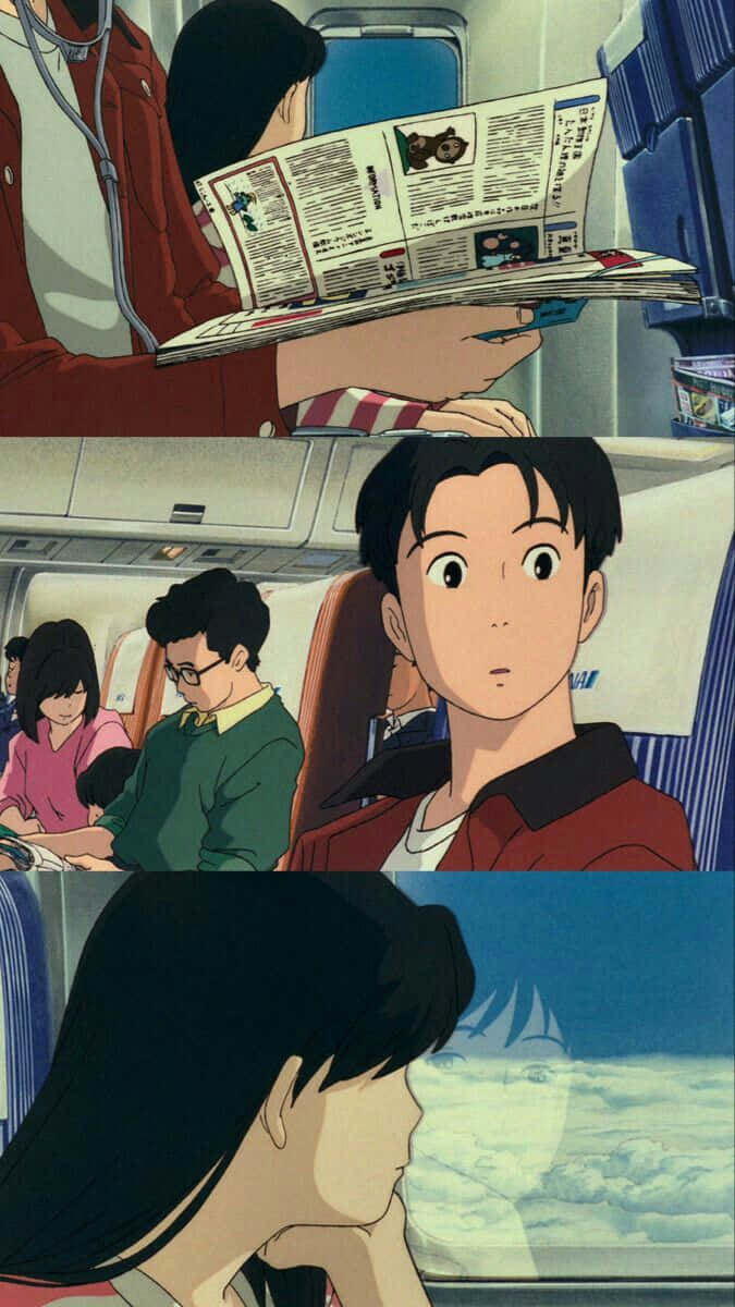 Studio Ghibli Ocean Waves 桌布 壁紙 — 動畫乘客在飛機上，在雲端之上的寧靜飛行中，凝視窗外或閱讀報紙。