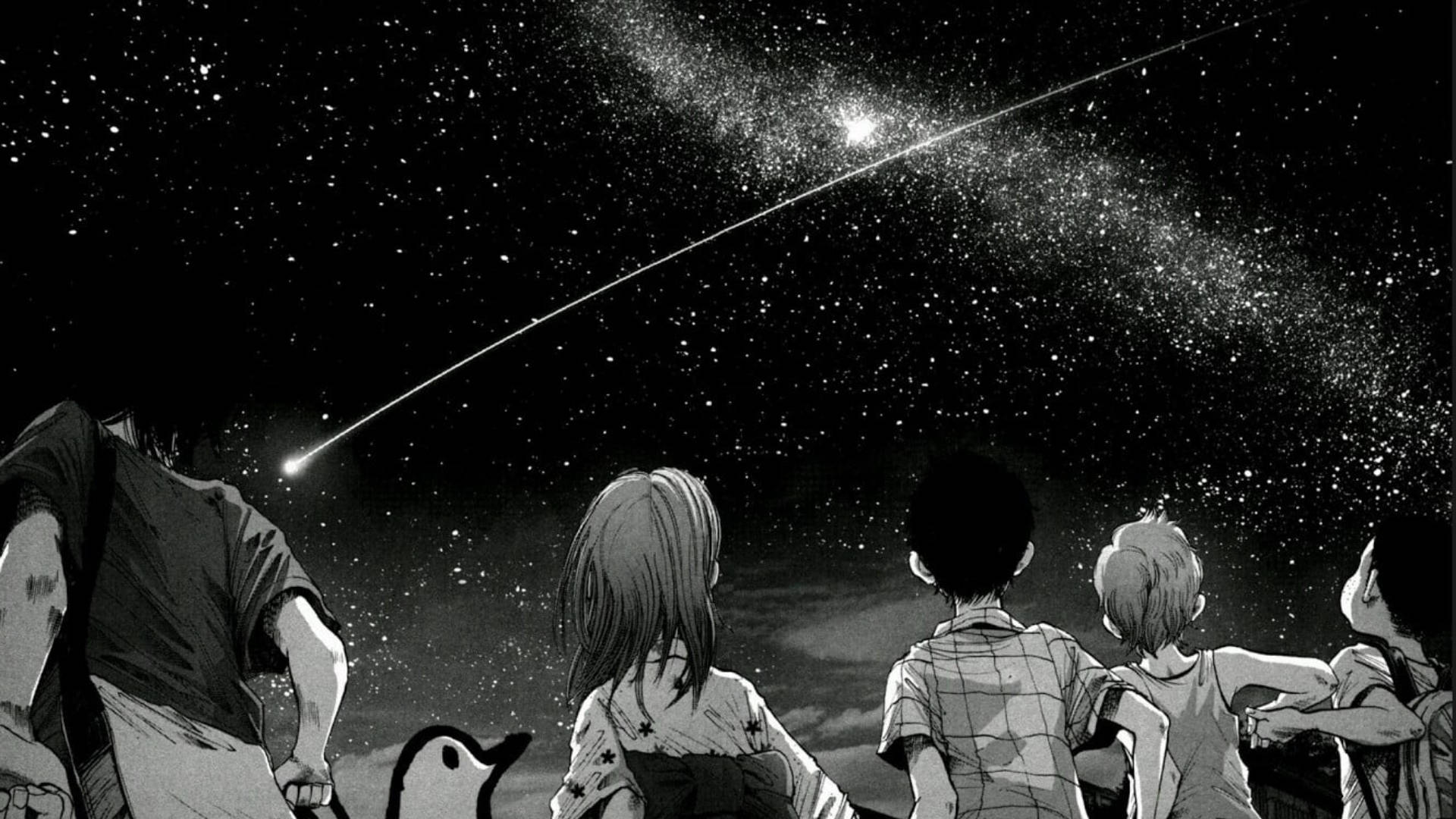 動畫人物插畫 壁紙 — 孩子們和一隻企鵝敬畏地仰望，一顆明亮的流星劃過繁星點點的夜空。