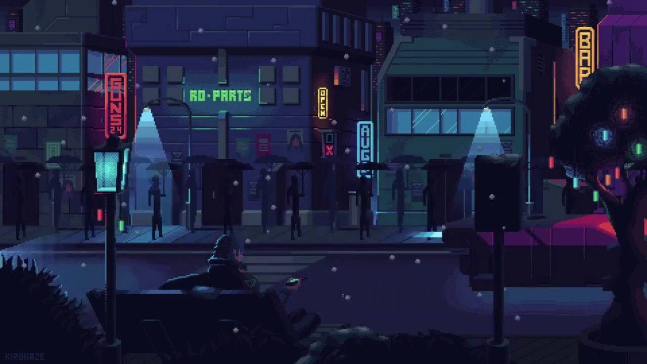 動畫像素夜間街景 壁紙 — 夜晚的像素藝術城市街道，建築物上霓虹燈閃爍，街燈下的長椅上坐著一個孤獨的身影。