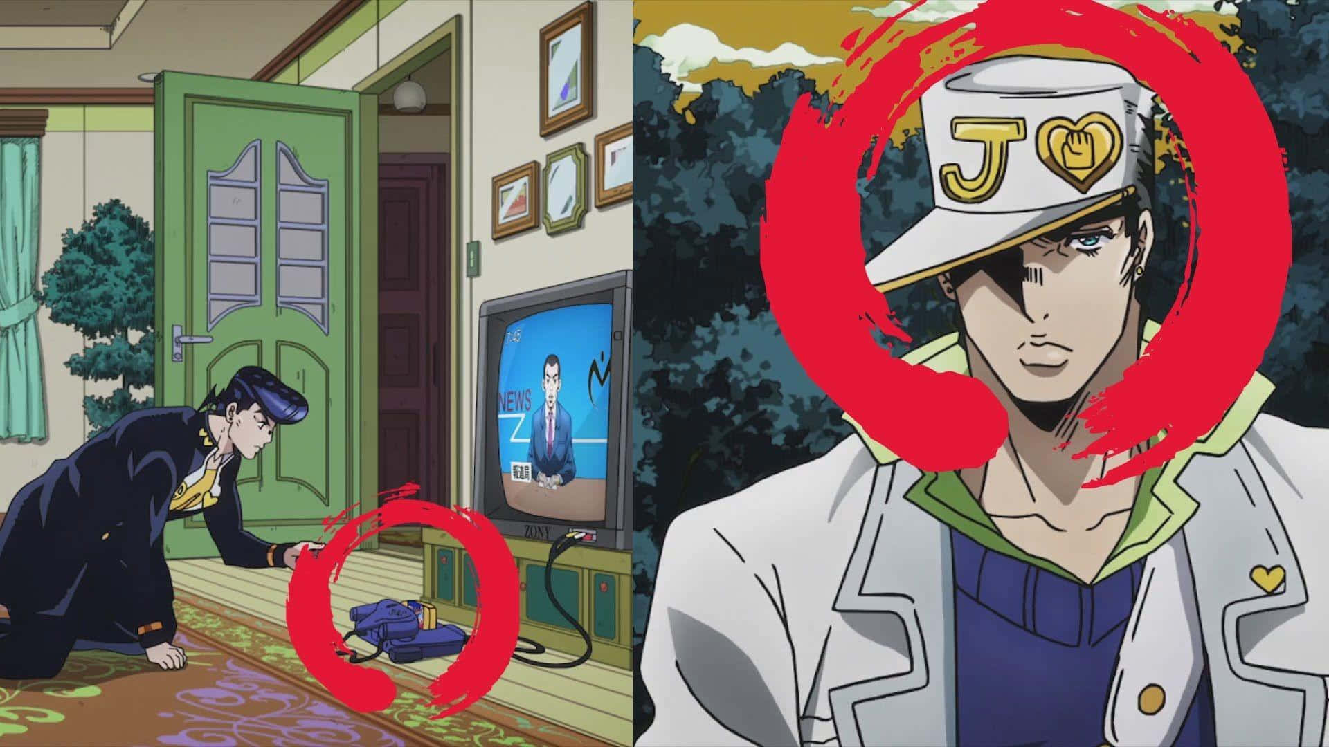 Jotaro 桌布 壁紙 — 動畫分割場景顯示一個角色在室內電視附近跪下，而另一個戴帽子的角色在室外被紅色圓圈突出顯示。