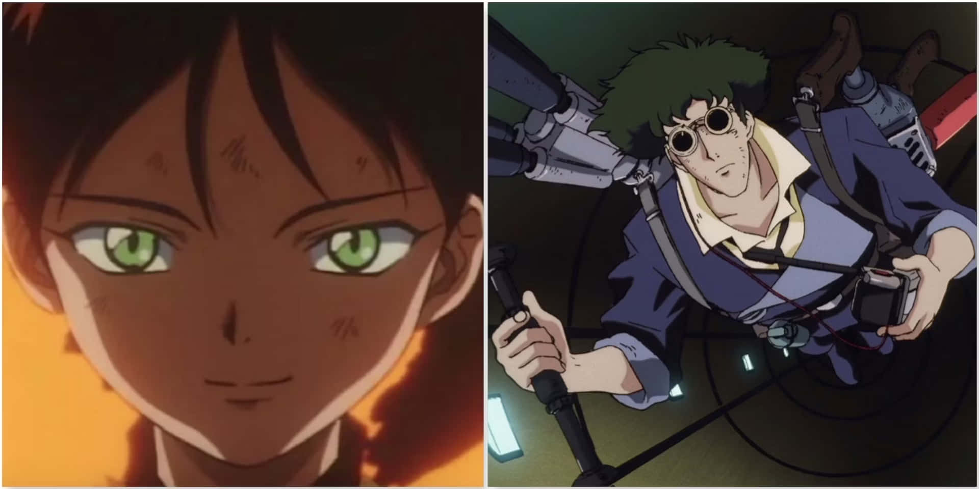 Cowboy Bebop Wen 桌布 壁紙 — 動畫分割畫面，顯示一個綠色眼睛的角色在火熱背景下的特寫，以及另一個穿著裝備的角色在昏暗光線下拿著工具。