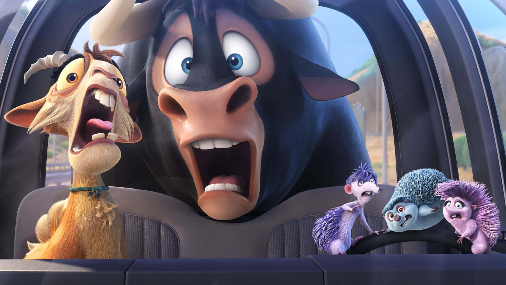 Animation Movies 桌布 壁紙 — 動畫動物在車內看起來非常驚恐，正駛過陽光明媚的沙漠景觀。