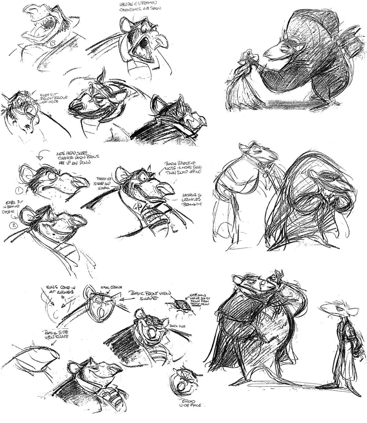 The Great Mouse Detective 桌布 壁紙 — 動畫動物角色的草圖，帶有表情豐富的面孔和鉛筆在紙上的設計筆記。
