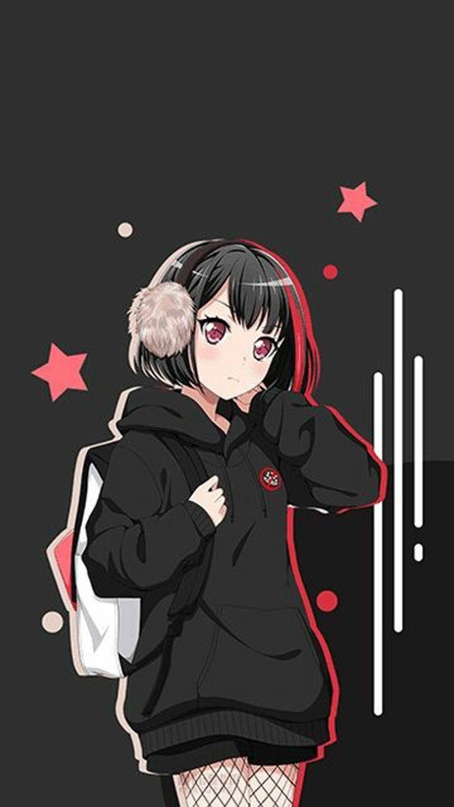 動畫可愛女孩 壁紙 — 黑髮紅挑染的動漫女孩穿著黑色連帽衫和耳罩，背景深色帶有粉紅星星。
