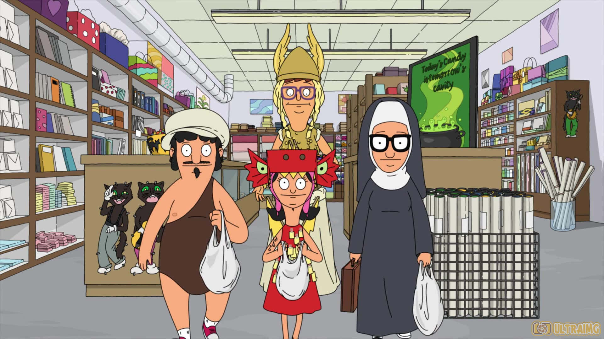 動畫喜劇《Bob's Burgers》的生動呈現 壁紙 — 三個動畫角色穿著服裝走過一間燈光明亮、貨架上擺滿色彩繽紛商品的商店。
