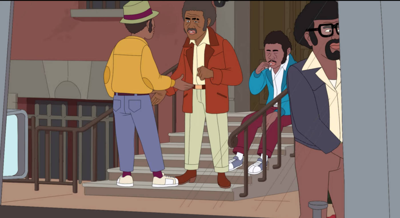 動畫喜劇《F Is For Family》 壁紙 — 四個動畫男子穿著1970年代風格服裝，在建築樓梯上互動，室內燈光溫暖。