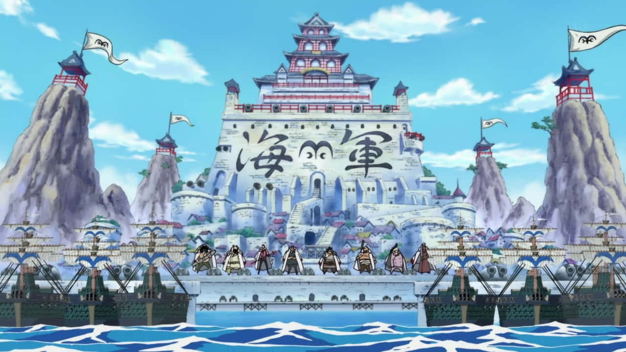 Marineford Aftermath 桌布 壁紙 — 動畫城堡要塞帶有「海军」字樣，矗立在岩石懸崖上，下方有船隻和船員在藍天下的大海上。