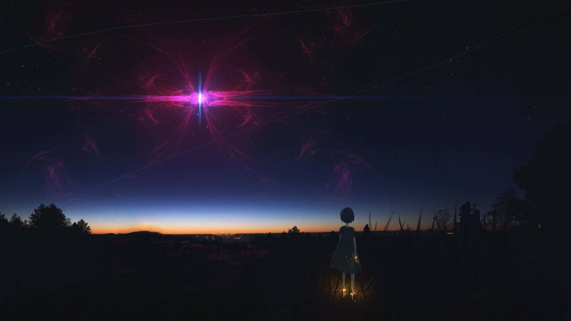 一個人在暮色中站在田野上觀看宇宙紫色星爆的剪影。