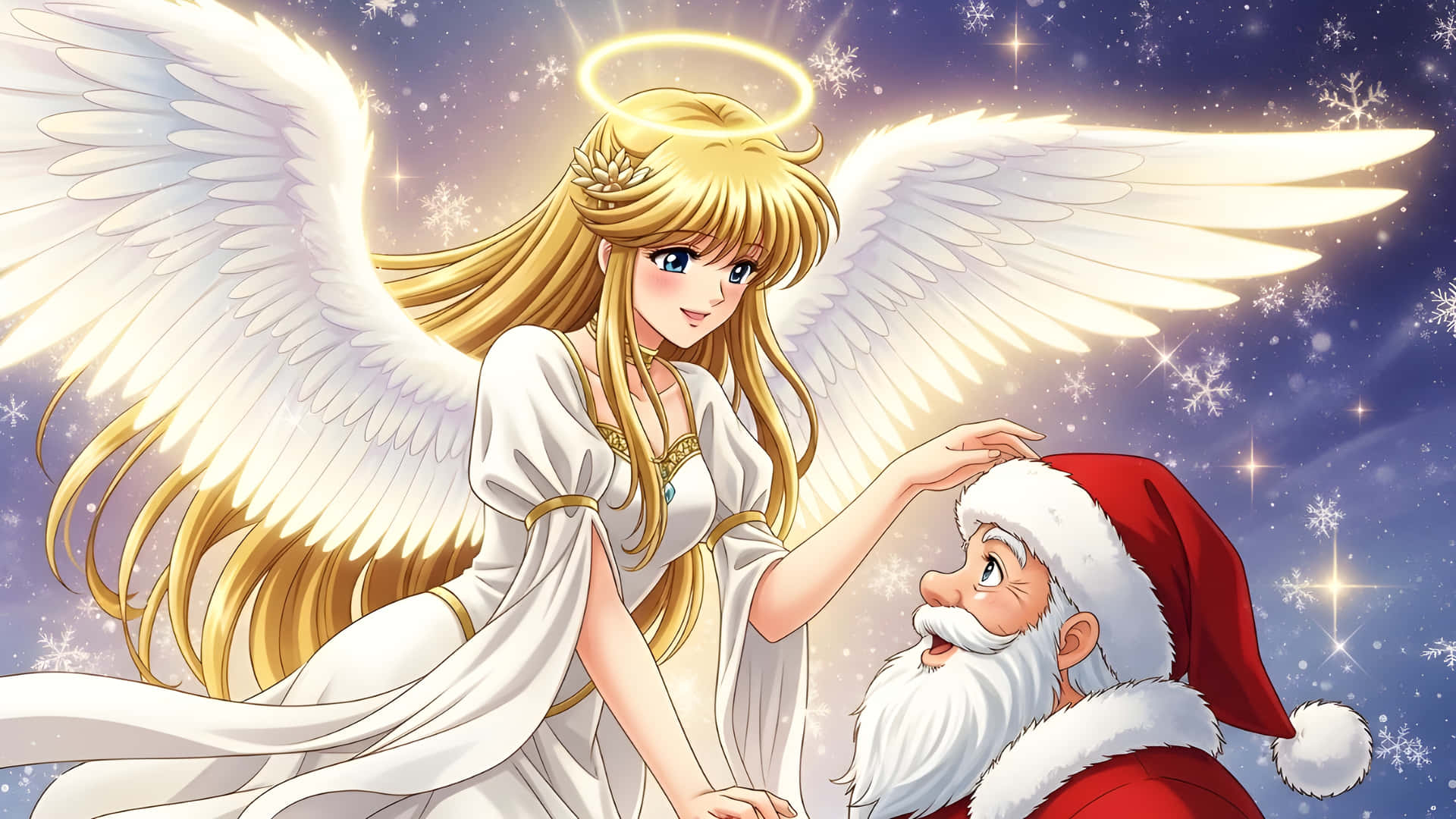 金翼天使身穿白袍，在雪夜星空中輕輕觸碰聖誕老人的頭
