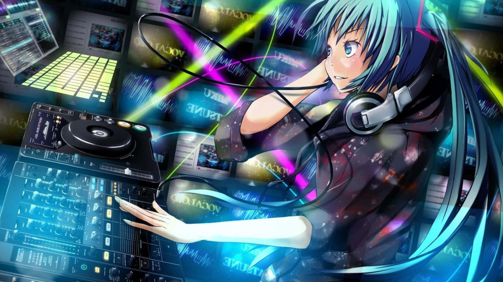 HD Gaming 桌布 壁紙 — 動畫女孩，一頭青綠色頭髮，在閃爍的DJ台上混音，周圍環繞著霓虹光束和浮動屏幕。