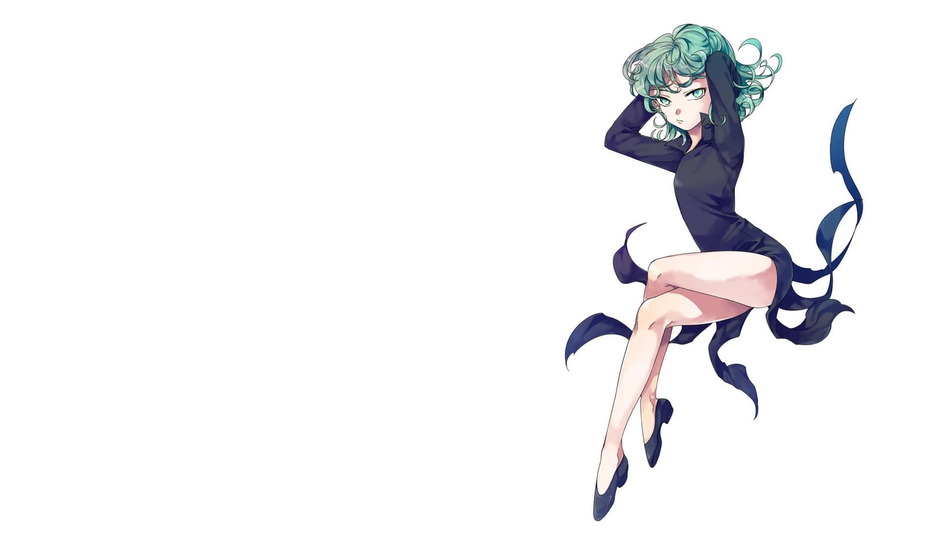 Tatsumaki 桌布 壁紙 — 動畫女孩，擁有青綠色頭髮和深色絲帶尾巴，在純白背景前自信地擺姿勢。