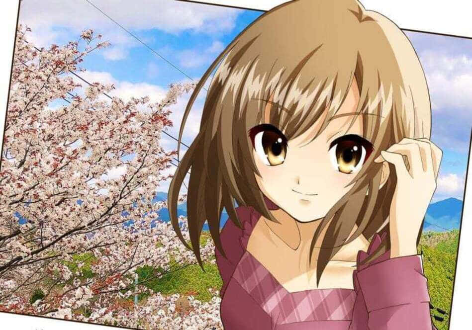Haruhi Sasaki 桌布 壁紙 — 動畫女孩，棕色頭髮，金色眼睛，在藍天下盛開的櫻花和遠山的背景下輕輕觸摸耳朵。