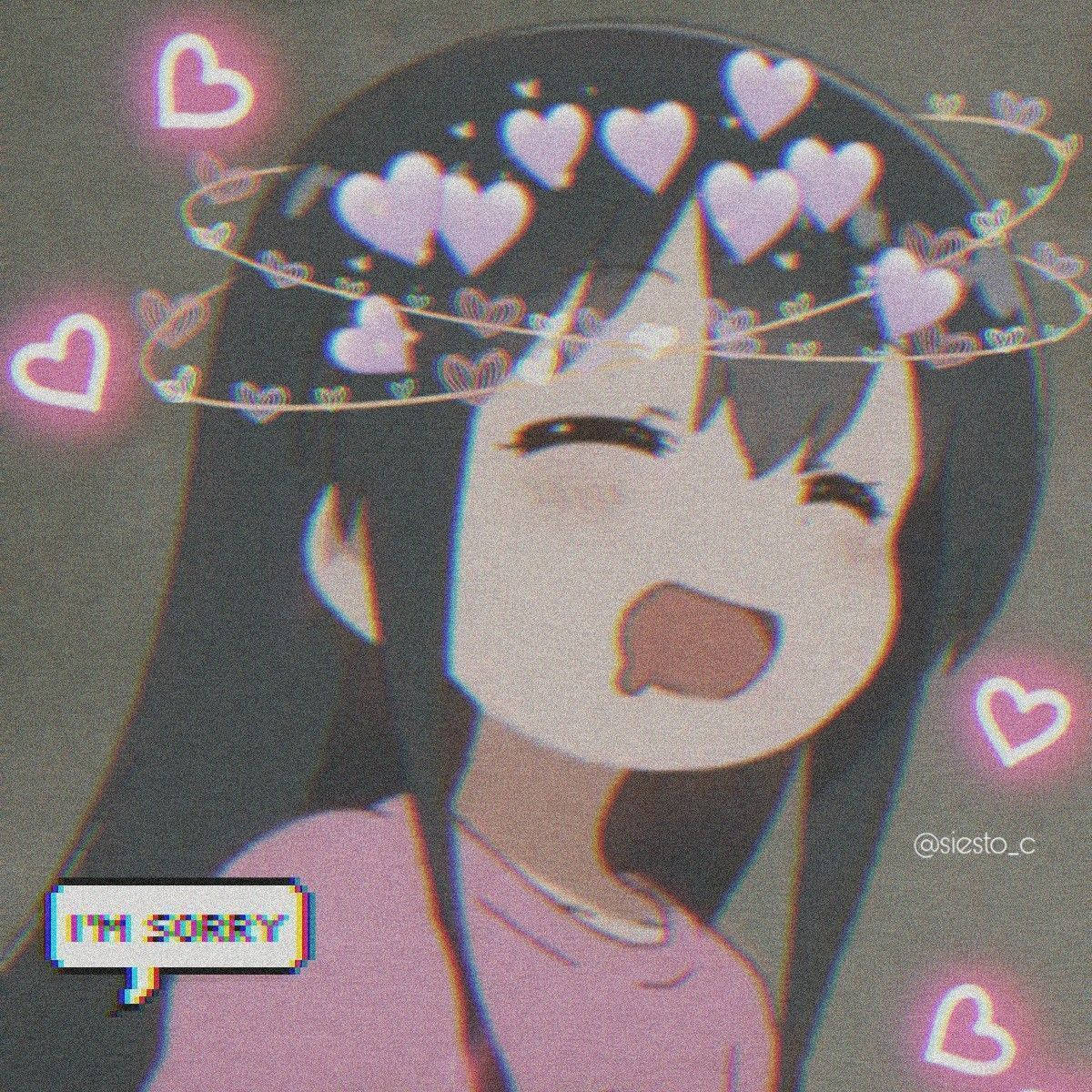 可愛動漫頭像gif 桌布 壁紙 — 動畫女孩，深色頭髮，粉紅色襯衫，在閃爍的心形圍繞頭部旋轉的故障美學中開懷大笑。