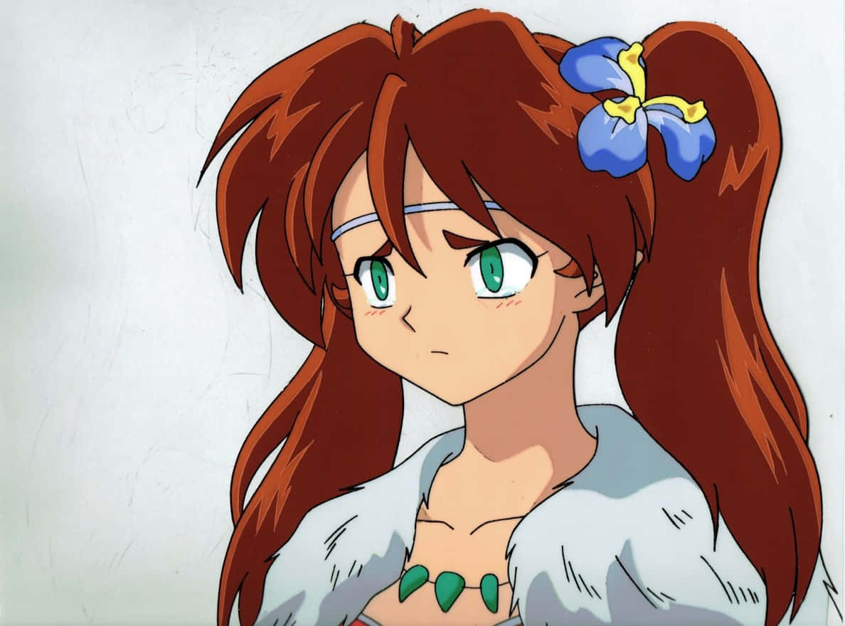 Inuyasha Ayame 桌布 壁紙 — 動畫女孩，火紅雙馬尾，藍色花朵飾品，在純色背景前，以明亮的綠色眼睛凝視。