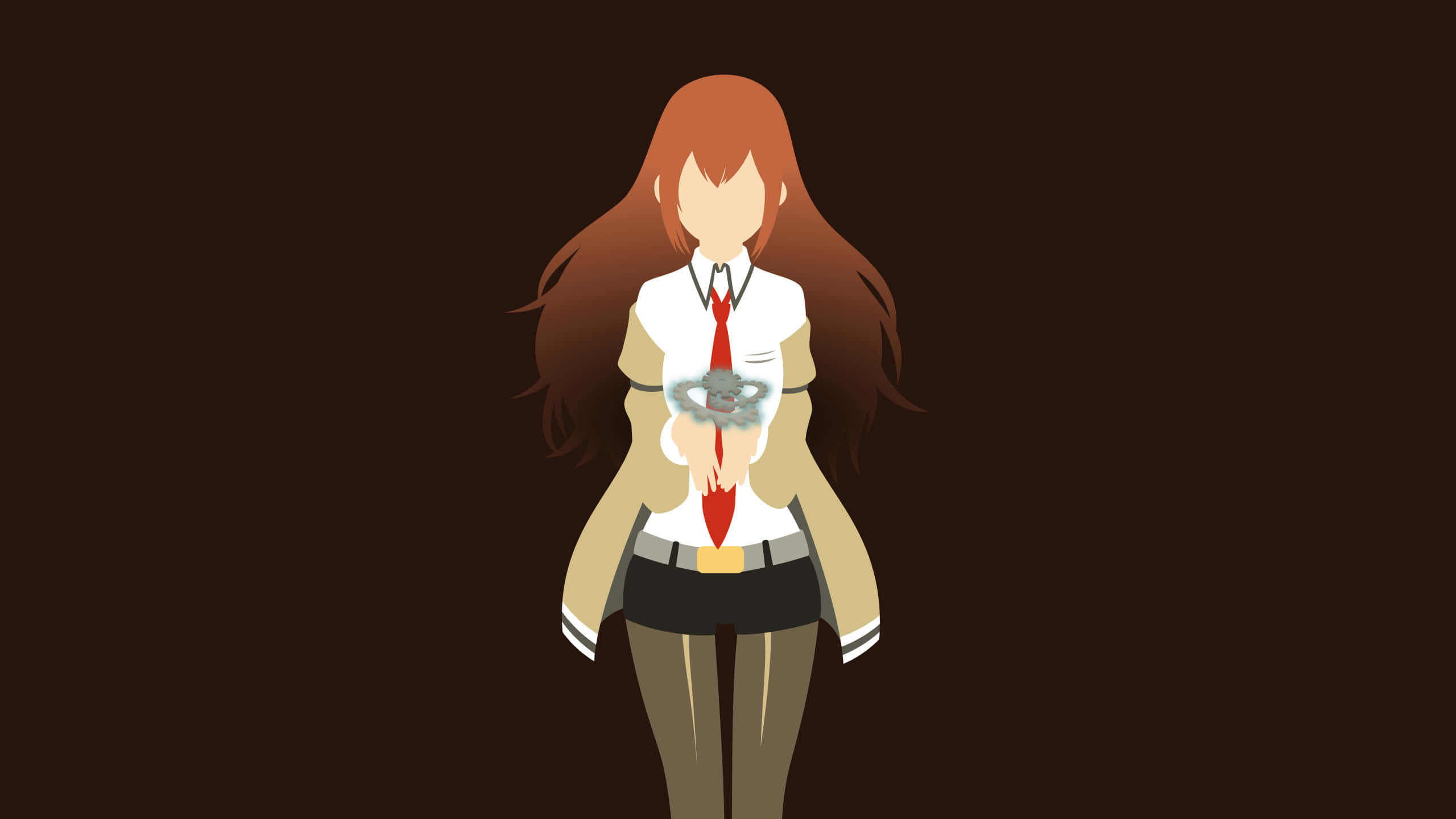 kurisu makise 桌布 壁紙 — 動畫女孩，長紅髮，穿校服，在深棕色背景前手持發光球體。