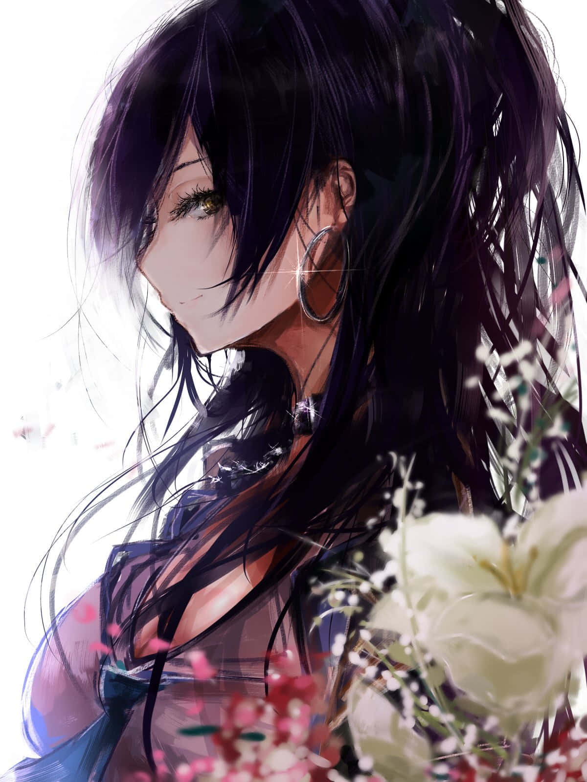 深色長髮和耳環的動漫女孩，在白色百合花和粉紅色花朵旁。