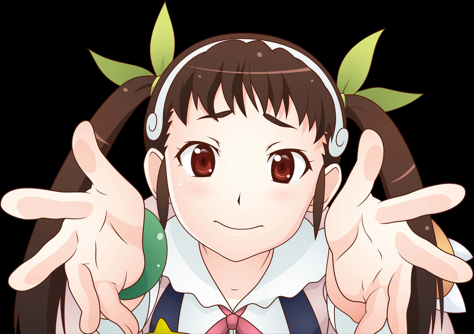 動畫女孩伸手向前 壁紙 — 一位開朗的動漫女孩，棕色雙馬尾，戴著耳機，雙手比出和平手勢，對著觀眾微笑。
