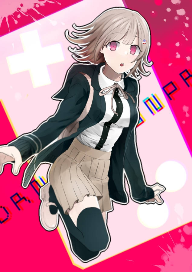 動畫女孩千紗南美 壁紙 — 粉紅眼睛、金髮的動漫女孩穿著校服，在帶有白色十字架和故障文字的鮮豔粉紅色背景上跳躍。
