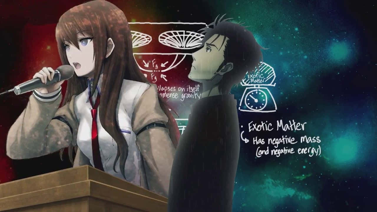 Steins Gate 桌布 壁紙 — 動畫女孩在講台上對著咪高峰唱歌，旁邊的男孩在宇宙背景下解釋奇異物質。