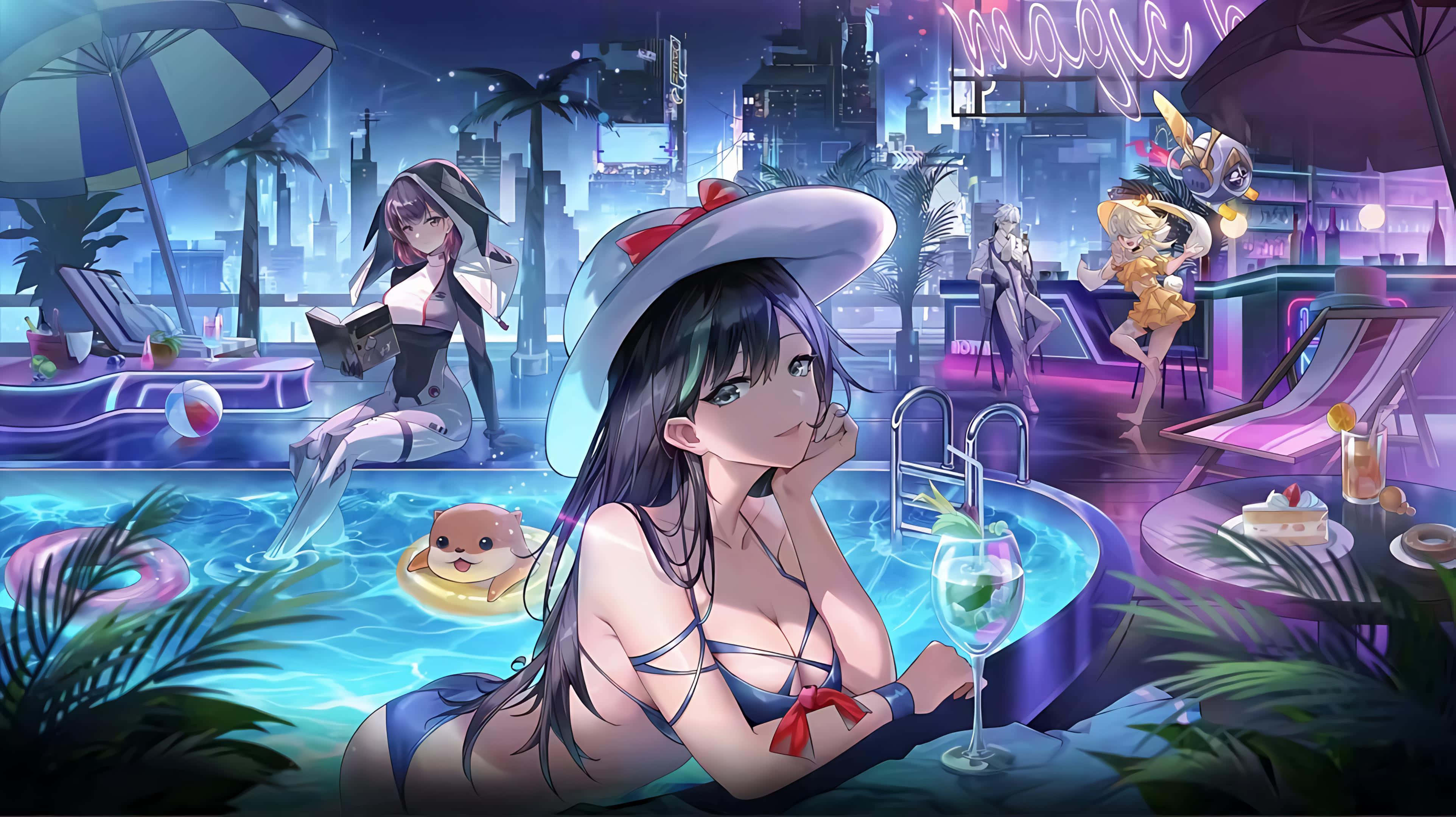 Sci Fi Games 桌布 壁紙 — 動畫女孩在霓虹城市燈光下，在發光的泳池中放鬆，周圍有棕櫚樹和漂浮的飲料。