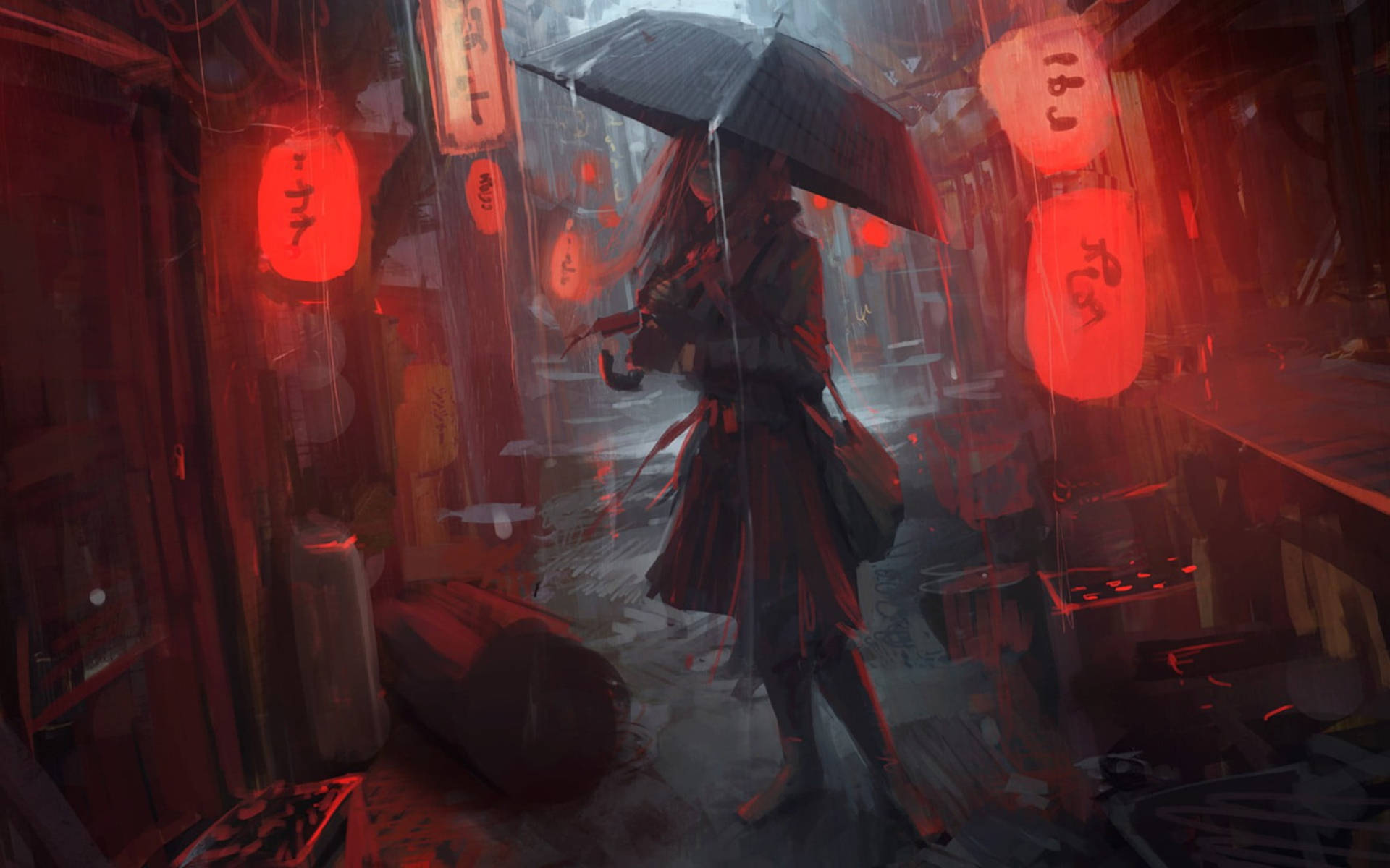 一個女孩撐著傘走在被紅燈籠照亮的雨巷中。
