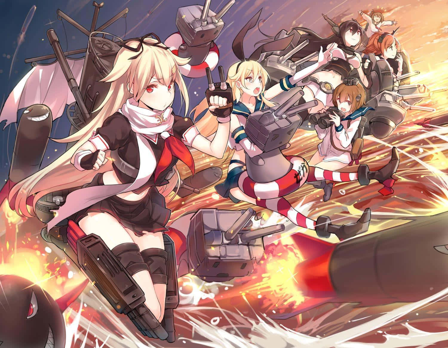 Kancolle 桌布 壁紙 — 動畫女孩手持艦炮在熾熱的爆炸中進行動態戰鬥場景。