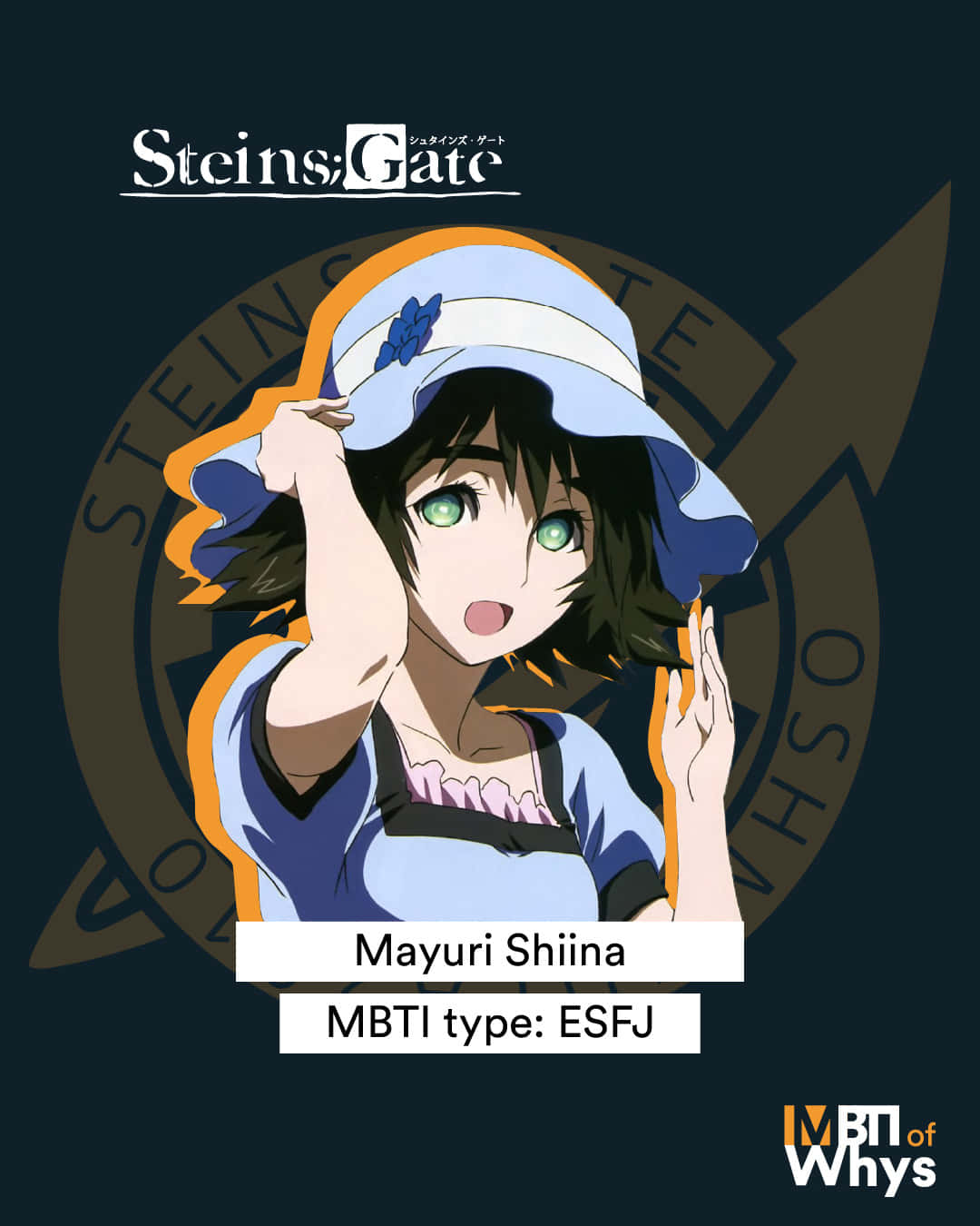 Mayuri Shiina 桌布 壁紙 — 動畫女孩椎名真由理戴著藍色帽子和穿著藍色連衣裙，在Steins;Gate標誌背景下愉快地揮手。