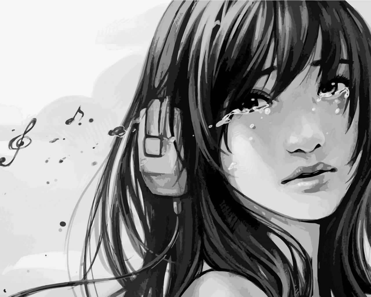 動畫女孩淚眼朦朧，表現抑鬱 壁紙 — 一個黑白動畫女孩戴著耳機哭泣，音符在她臉龐周圍飄浮。