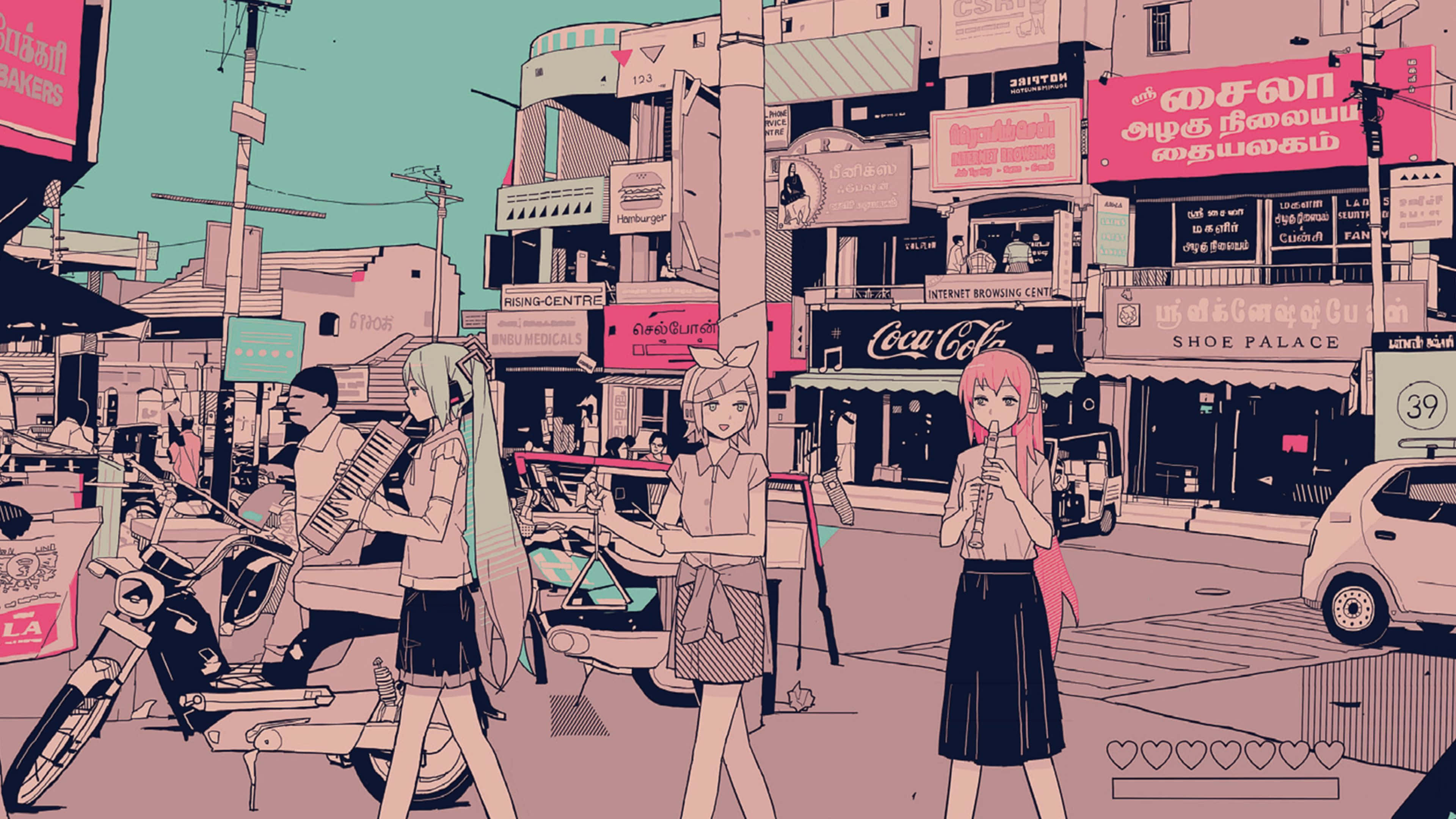Aesthetic Pink Anime 桌布 壁紙 — 動畫女孩漫步在繁華的霓虹燈城市街道上，街道上充滿了色彩繽紛的標誌和停放的滑板車。