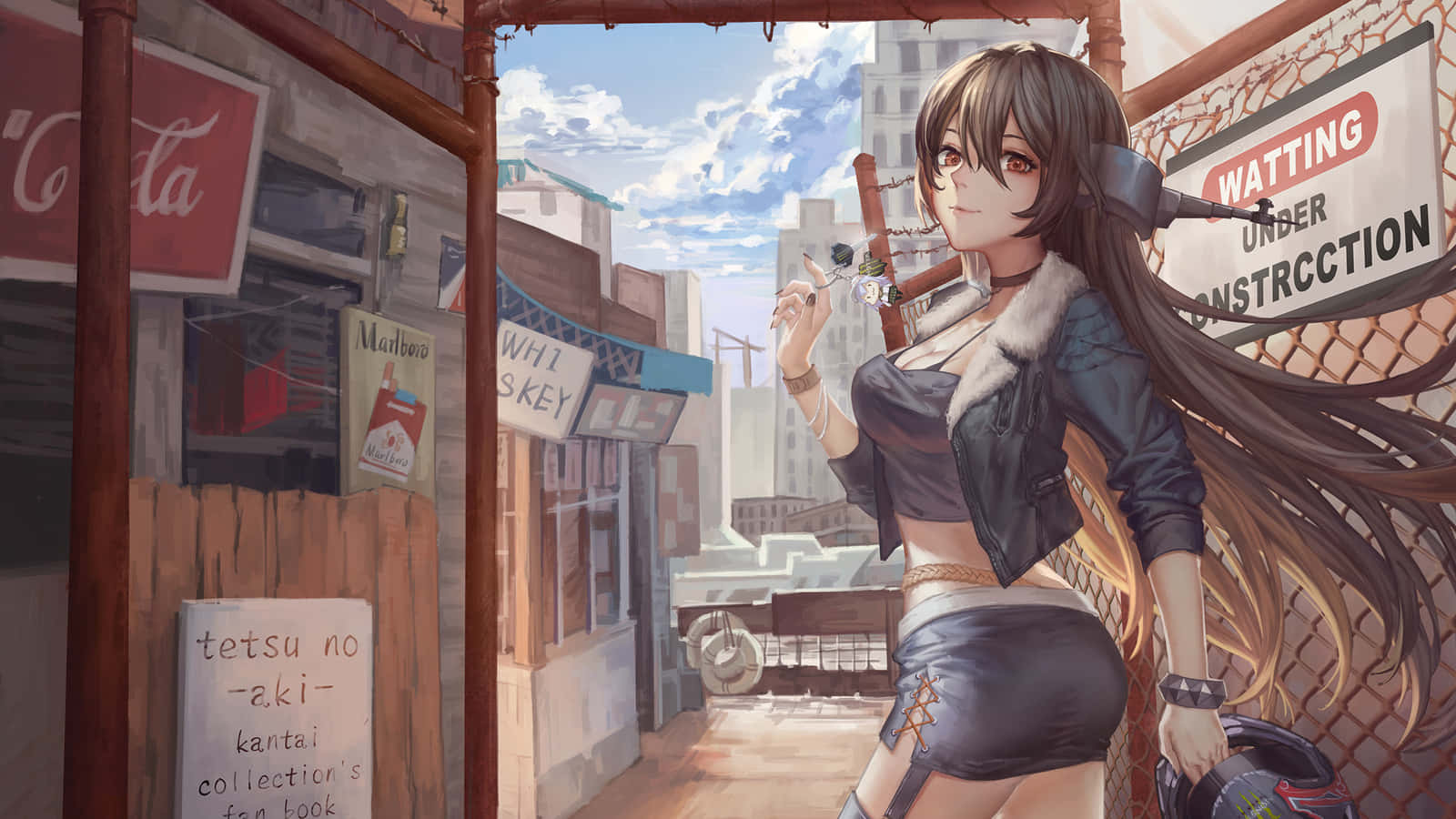 Kantai Collection 桌布 壁紙 — 動畫女孩留著長長的棕色頭髮，站在陽光明媚的城市小巷裡，在建築圍欄附近拿著香煙。