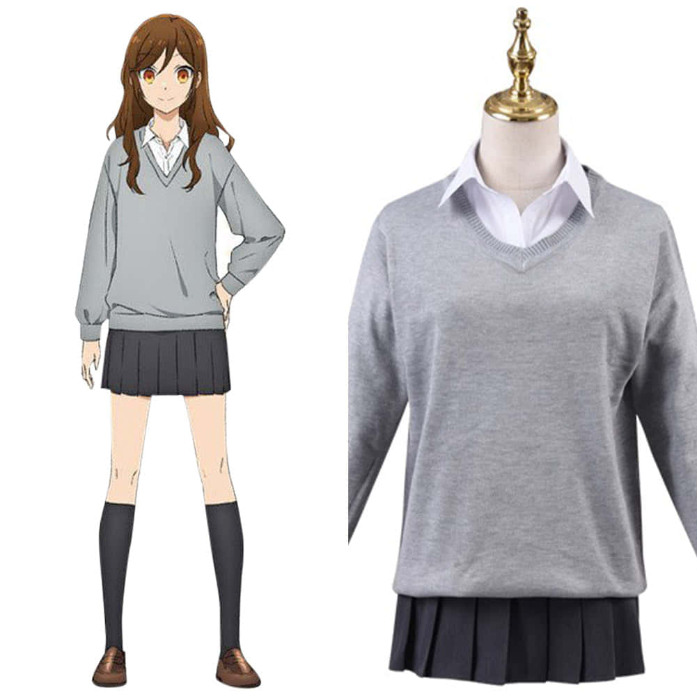 Hori Kyouko 桌布 壁紙 — 動畫女孩穿著灰色校服毛衣和百褶裙，旁邊的人體模型穿著相同的服裝。